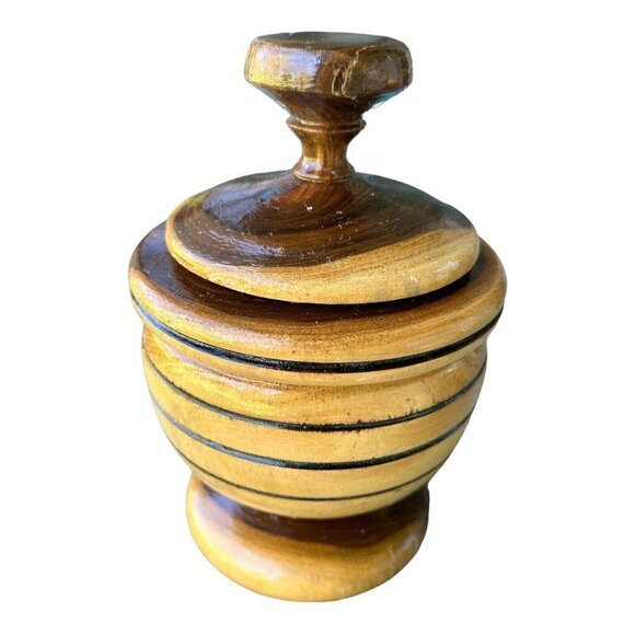 VTG Lathe Turned Wood Vase Bowl Two-Tone Lidded Container Handmade 9" X 5.2" - Picture 4 of 10